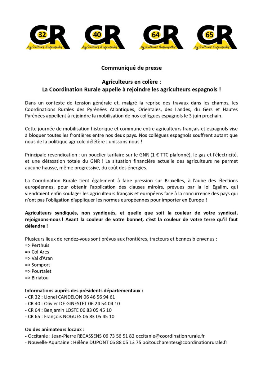 Le 3 juin, la chaîne des Pyrénées sera bloquée par un mouvement uni @coordinationrur ale et syndicats agricoles espagnols pour contraindre les autorités françaises et espagnoles à prendre des mesures concrètes pour défendre notre Agriculture. Oui au #gnr1euro