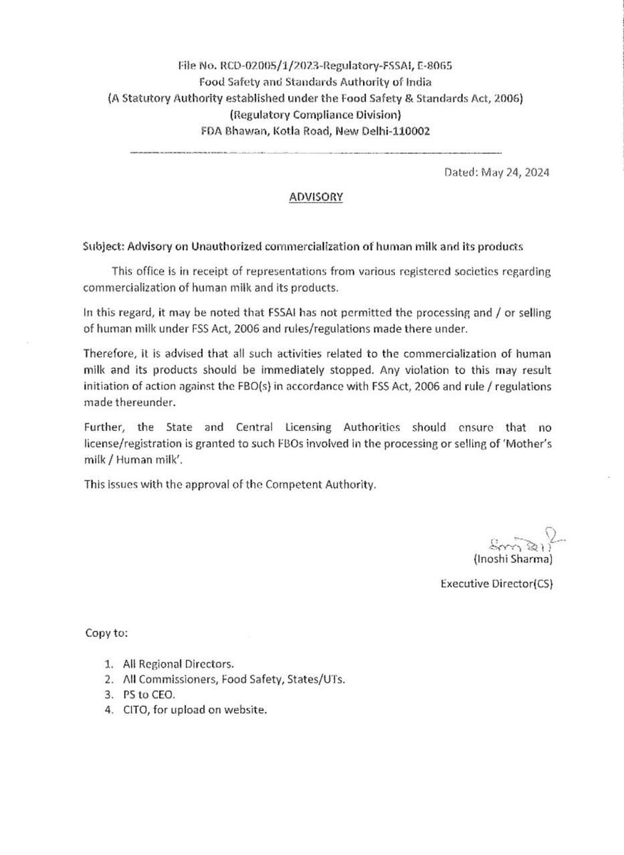 Commercial processing and selling of human milk is not permitted by FSS Act any such activity must be immediately stopped- FSSAI 24 May 2024 Some good news from @fssai 👏 #humanmilk #breastmilk