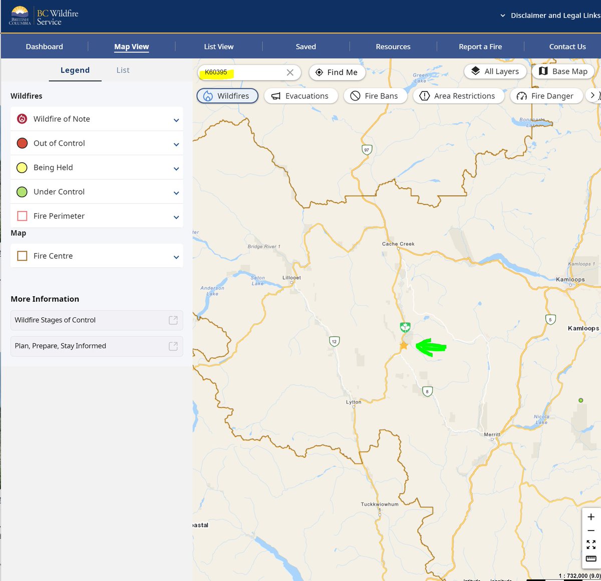 The #BCWildfire Service is responding to the Drinkwater Rd wildfire (K60395) approximately 5 kilometres north of #SpencesBridge, on the east side of the Thompson River.

Wildfire K60395 is visible from #BCHwy1.  No stopping on the highway for photos or video.