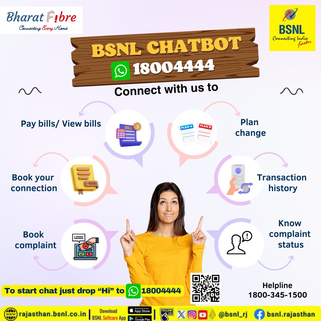 Connect with us for a seamless experience – whether it's setting up a new #FTTH connection, paying bills, or checking your account. Call us 1800-4444 or Drop 'Hi' to 1800-4444(WhatsApp). #BharatFibre #BSNLWhatsApp #ConnectWithBSNL #WhatsApp