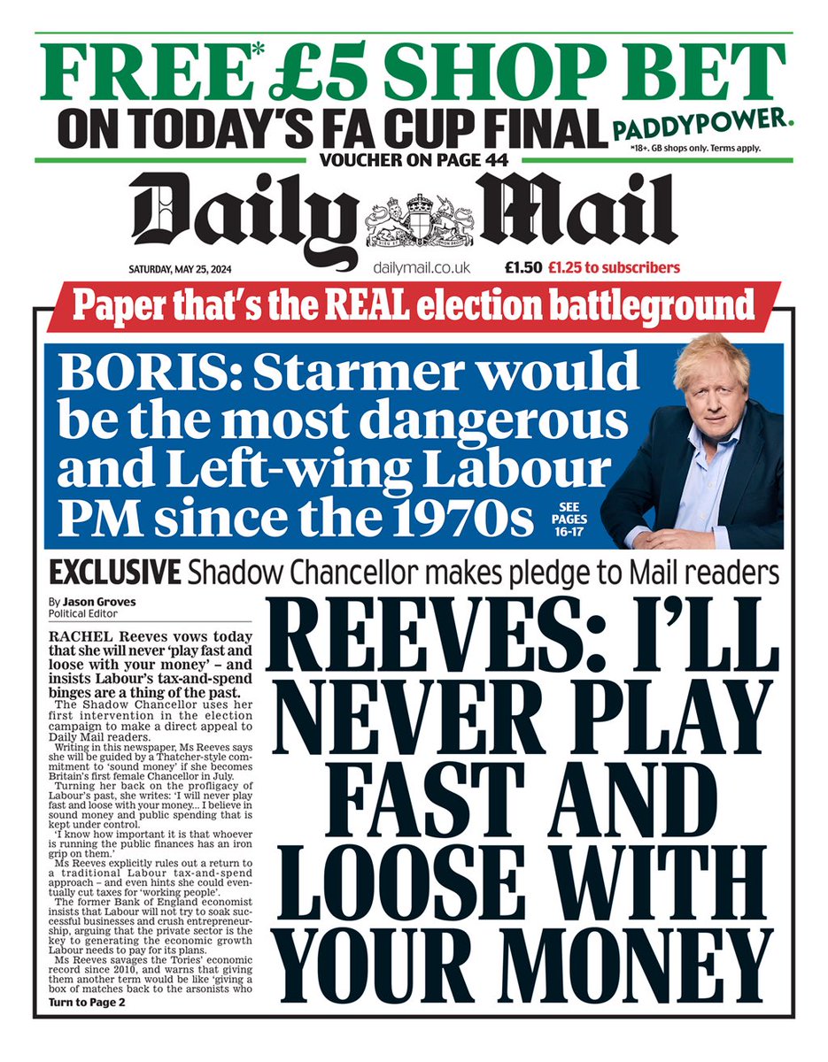 Guess that this is the Mail’s idea of balance. The real scandal here though is the idea of a Labour shadow chancellor explicitly promising to be ‘guided by a Thatcher-style commitment to “sound money”’ #generalelection