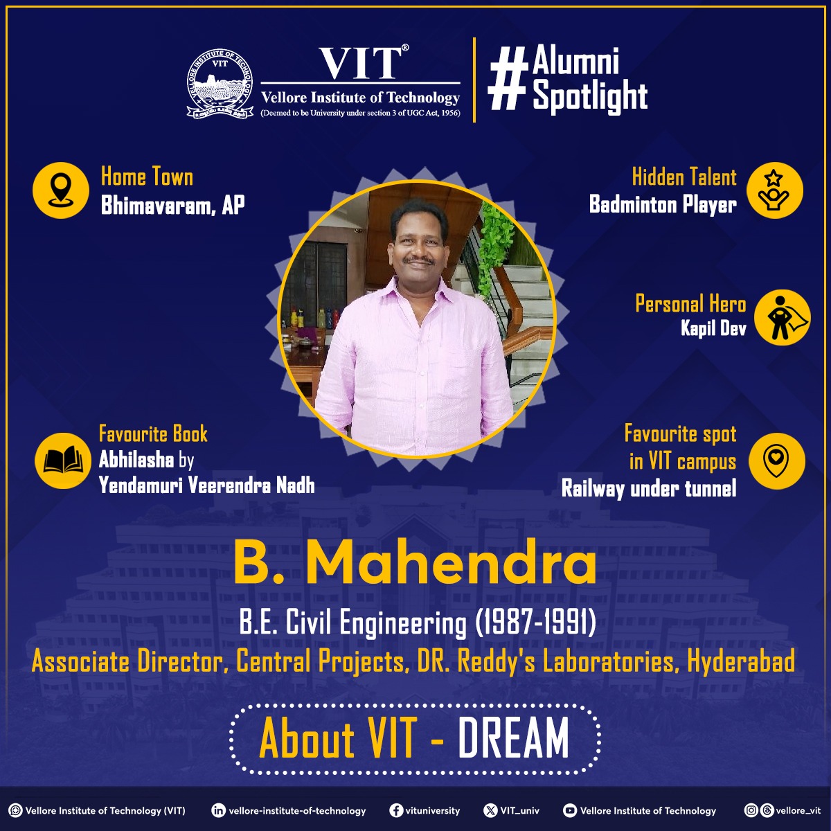 This week's #AlumniSpotlight focuses on Mr. B. Mahendra, a #BE #Civil #Alumni from the #classof1991. He is currently the Associate Director, Central Projects, DR. Reddy's Laboratories, Hyderabad.

#VIT #KnowYourAlumni #CivilEngineering #Engineering #OneFamily #Anbuden #VITAA