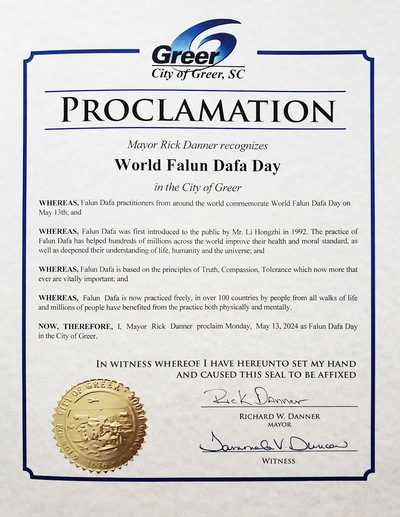Caroline du Sud, États-Unis : Le maire de la ville de Greer proclame la Journée du Falun Dafa #WorldFalunDafaDay #May13 fr.minghui.org/html/articles/…