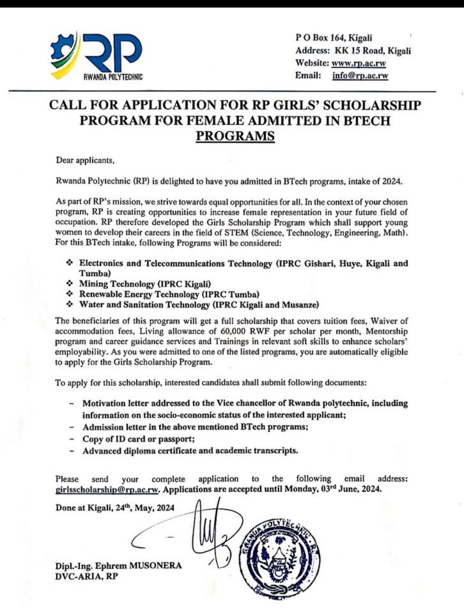 Ladies Opportunities:

Call for application for @RwandaPolytec Girls' scholarship admitted to Bachelor of Technology (BTech) Programs, intake of 2024. 

Don't miss this important opportunity!