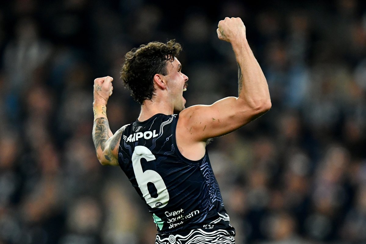 CarltonFC's tweet photo. Career-high four snags.

Playing for his boyhood club, in Sir Doug Nicholls Round, in the guernsey designed by his cousin.

How good is that!

#AFLBluesSuns https://t.co/G3xmTJ73eU