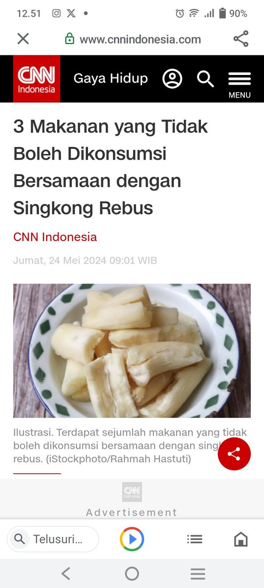 Kalau kita mendengar kata singkong,pasti ingat bahan makanan yang dapat di olah berbagai macam makanan. Salah satunya yang mudah mengolahnya ' singkong rebus ' Tapi ingat, ada yang tidak boleh di konsumsi bersamaan dengan makanan satu ini. Baca di sini 👇 cnnindonesia.com/gaya-hidup/202…