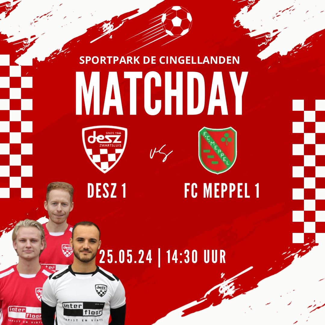 Vandaag de kraker tegen onze buren <a href="/FCMeppel/">FC Meppel</a> ! De uitwedstrijd werd met 0-2 gewonnen . Maar vandaag zal dat zeker een stuk spannender worden . DESZ vecht voor lijfsbehoud en Fc Meppel heeft 3 punten nodig voor de titel . Met recht een “ kraker “ Let op we starten 14:30 #♥️🤍