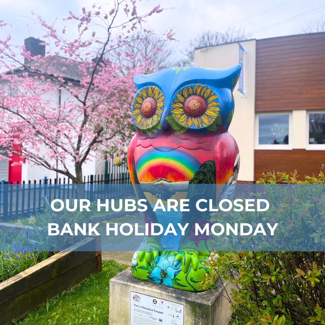 A reminder that all of our hubs will be closed on bank holiday Monday. We'll be open as usual on Tuesday 28th and look forward to seeing you all then ☺️