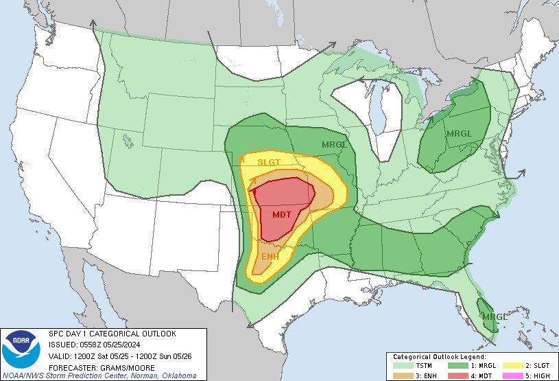 1:00am CDT #SPC Day1 Outlook Moderate Risk: in parts of Kansas/Oklahoma and far southwest Missouri spc.noaa.gov/products/outlo…