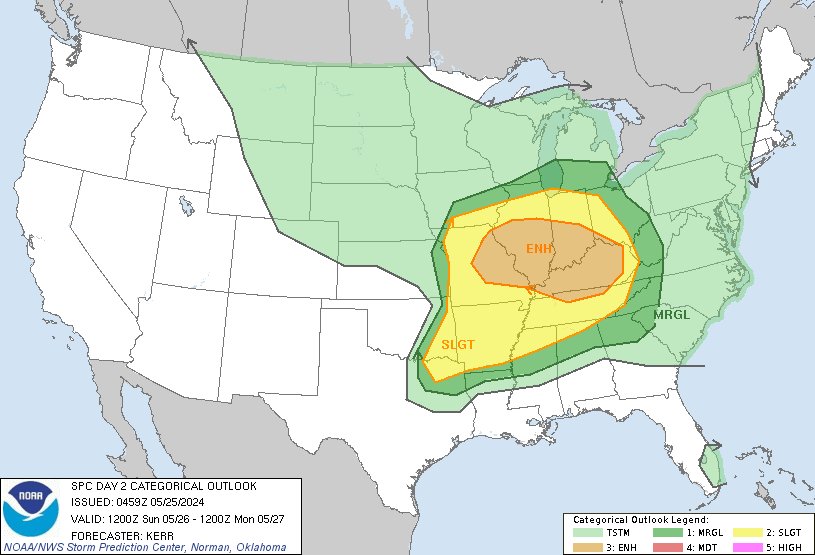 1:00am CDT #SPC Day2 Outlook Enhanced Risk: Sunday afternoon into Sunday evening across much of eastern Missouri central and southern Illinois central and southern Indiana much of Kentucky and adjacent northern Tennessee... spc.noaa.gov/products/outlo…