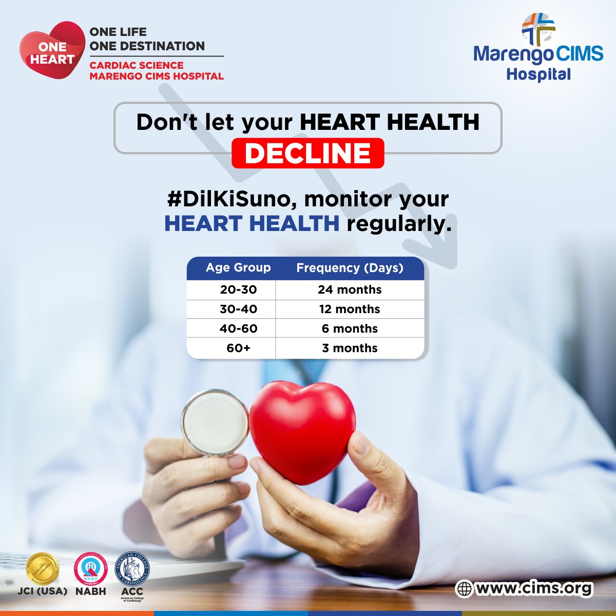 MarengoCIMS's tweet image. Your heart deserves the best care at every age. You can ensure a strong and healthy future by monitoring your heart health regularly. Remember to schedule your check-ups for your age group and keep your heart in shape. 

#DilKiSuno #MarengoCIMS