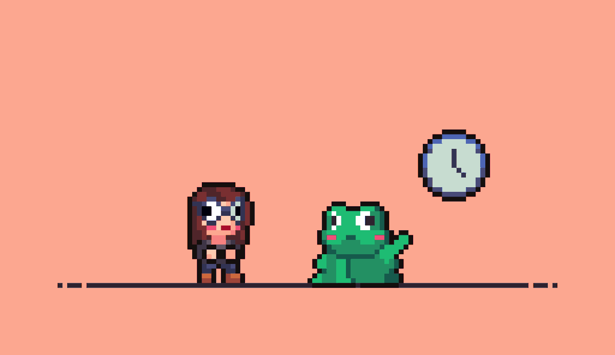 Día 29. ¡Mira que hora es, Rocío! ¡Las rana menos cuarto!

¡Muchas gracias <a href="/den_pixel/">DenPixelArt se fue a Bluesky</a> por esta maravilla!