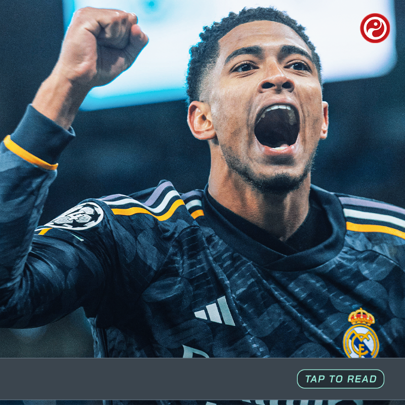 Squawka's tweet photo. In 2023/24, Jude Bellingham became the first Real Madrid player in the 21st century to: 

◉ Score twice in his first El Clasico
◉ Score in each of his first four UCL games

Can he find the become the youngest Madrid player to score in a #UCLFinal? 👀