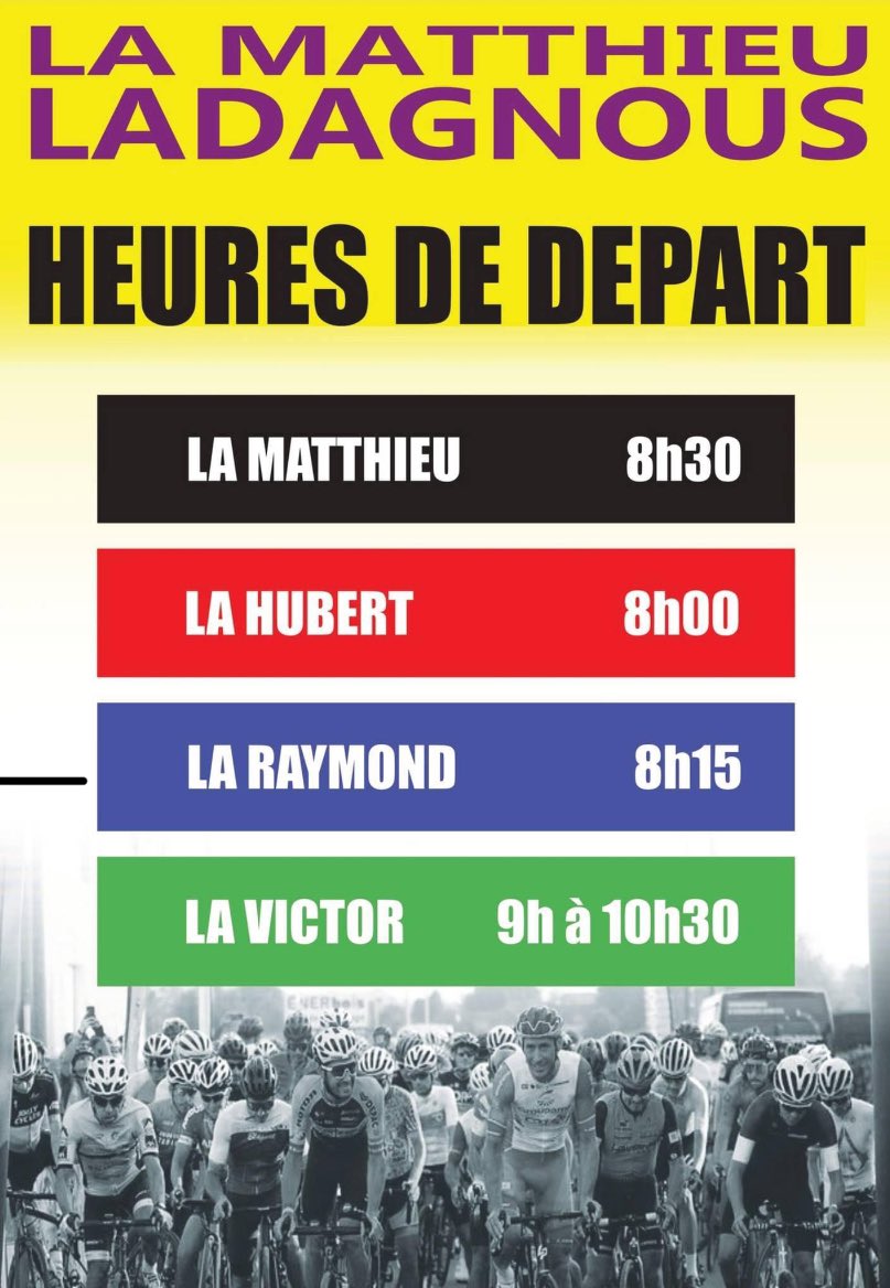 Suite aux changements de parcours de La Matthieu et La Hubert de la cyclosportive La Matthieu Ladagnous, les horaires de départ sont modifiés :
- 8h00 : La Hubert
- 8h15 : La Raymond
- 8h30 : La Matthieu
- 9h à 10h30 : La Victor

Inscrivez-vous vite !!!  pyreneeschrono.fr/evenement/la-m…