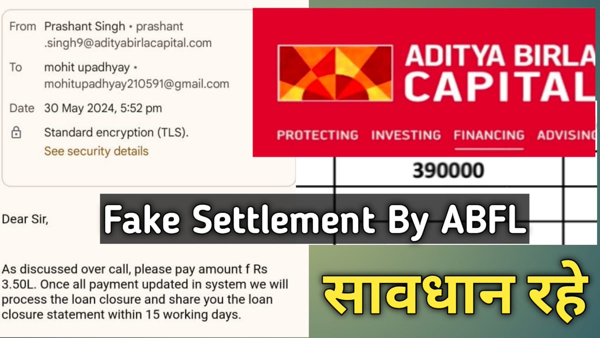 <a href="/AdityaBirlaGrp/">Aditya Birla Group</a> <a href="/rakeshb_singh/">Rakesh Singh</a> Refer to Given link, Your Employee Email id prashat.singh9@adityabirlacapital.com is doing settlement with fake commitment.

Link :-youtu.be/06l6xoiETvI
Loan Number #ABND_0PL000000580651

He commit customer to make payment 3.5L, He is there to
