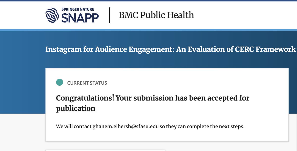 Some professional news: 

Our paper, "Instagram for Audience Engagement: An Evaluation of the CERC Framework in GCC Nations for Digital Public Health," has been accepted for publication in BMC Public Health.
 #instagram #publichealth #research #newpublication