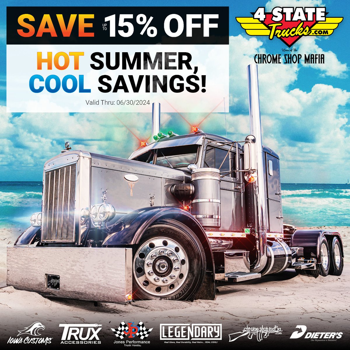Have a hot Summer with cool savings of up to 15% OFF this June! 😎🏖️☀️ 4statetrucks.com/monthly-steals… Sales end 6/30/2024 at 11:59 p.m. cst  #4StateTrucks #ChromeShopMafia #chromeshop #semitrucks #trucking #bigrig #truckers #diesel #Steals&Deals