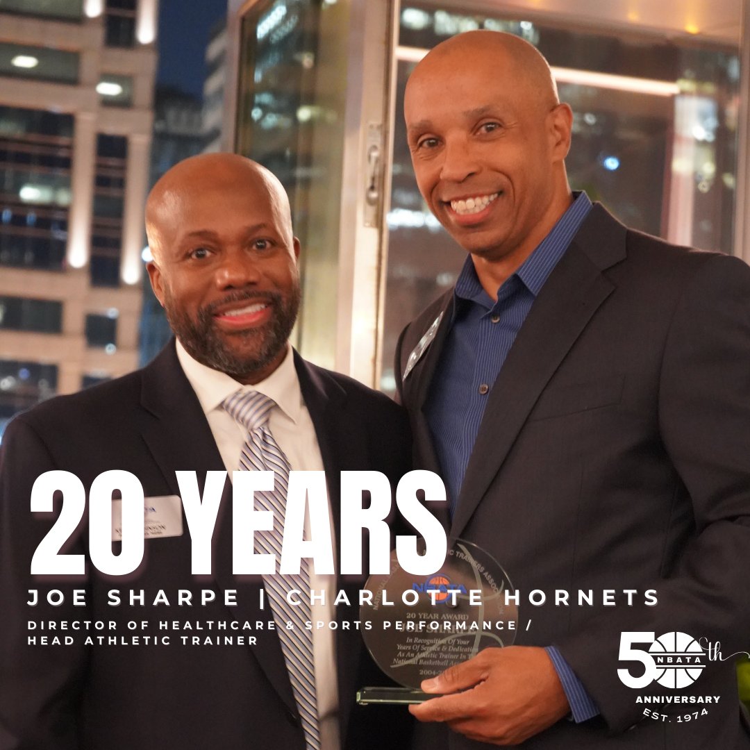 NBATA's tweet photo. 20 years of greATness | Congratulations to Joe Sharpe, Director of Healthcare &amp; Sports Performance/ Head Athletic Trainer of the @hornets on 20 years in the NBATA! 
.
.
.
#nba #nbata #athletictraining #athletictrainers #inspiration https://t.co/z7mexEvHAk