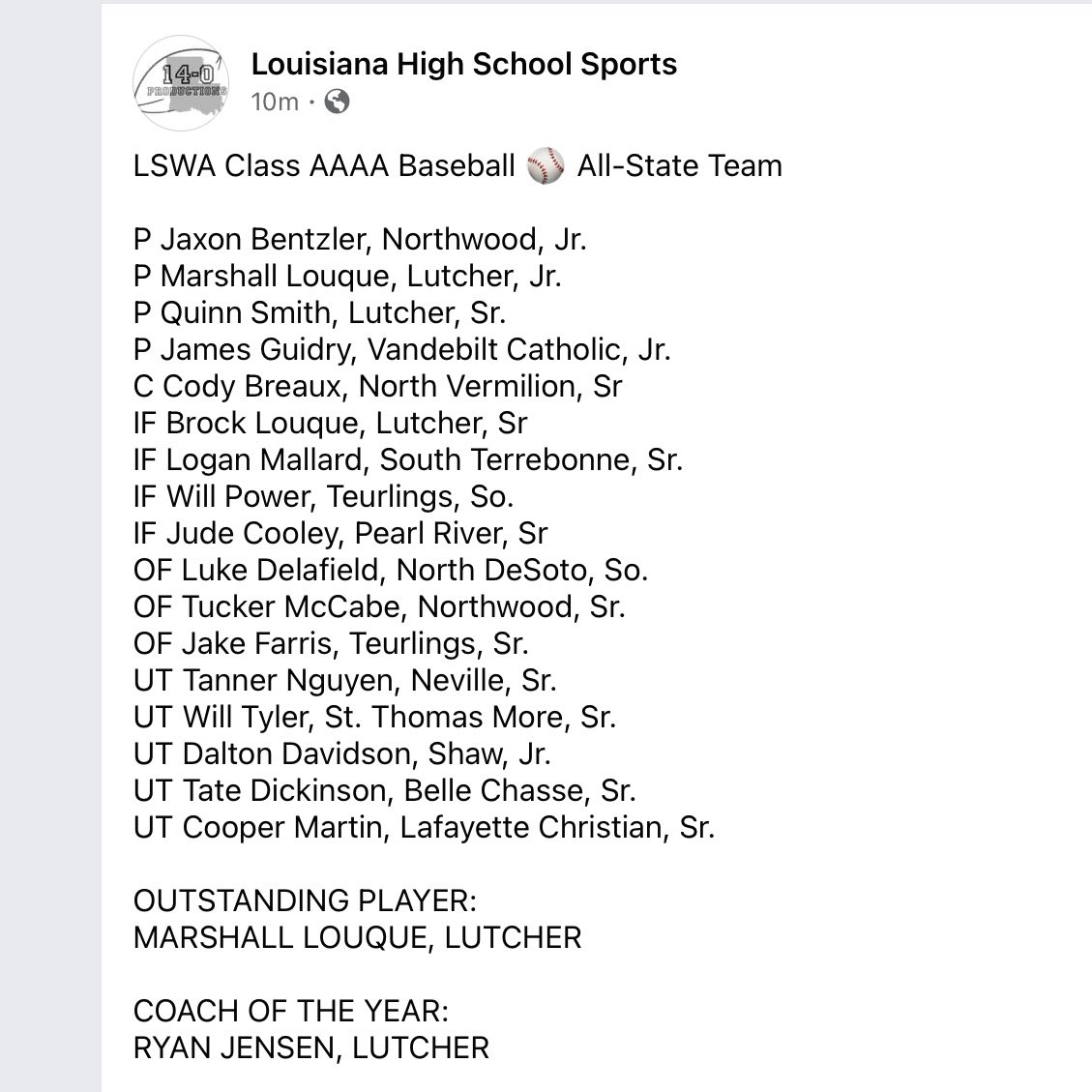 14_0productions's tweet image. LSWA Class AAAA All-State Baseball Team