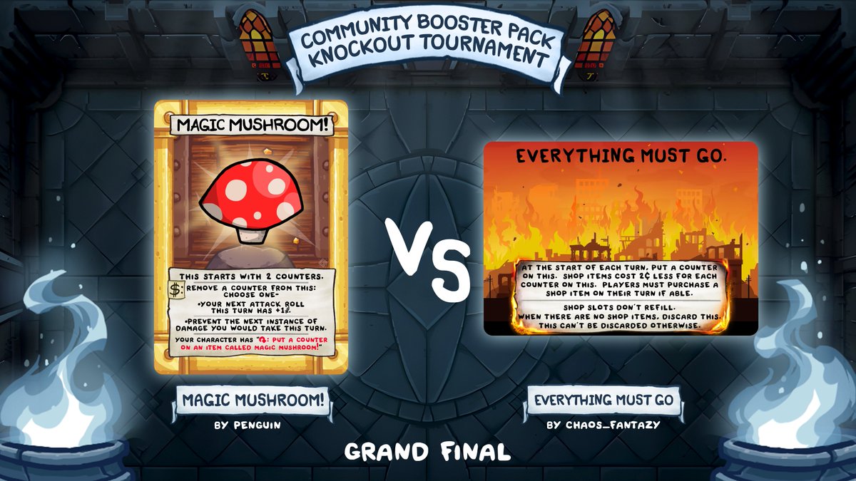 Everything Must Go by Chaos_Fantazy vs Magic Mushroom! by penguin. Two go in, only one comes out victorious and becomes a official Four Souls card!

This last vote will be special, and will run all through the weekend before ending on Monday June 3rd! Vote now!
 
<a href="/edmundmcmillen/">🜏 Edmund McMillen 🜏</a>