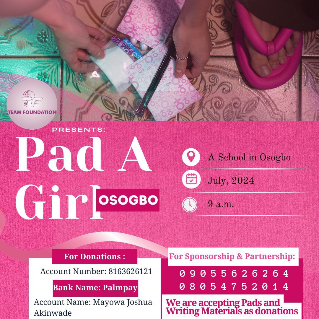 Hello Osogbo city! 
Team Foundations is launching the 'Pad A Girl' initiative at a school @insideosogbo We want to educate and empower young girls about menstrual health and hygiene. 
We are soliciting for support in money, sanitary pad and writing materials. #PadAGirl_Osogbo