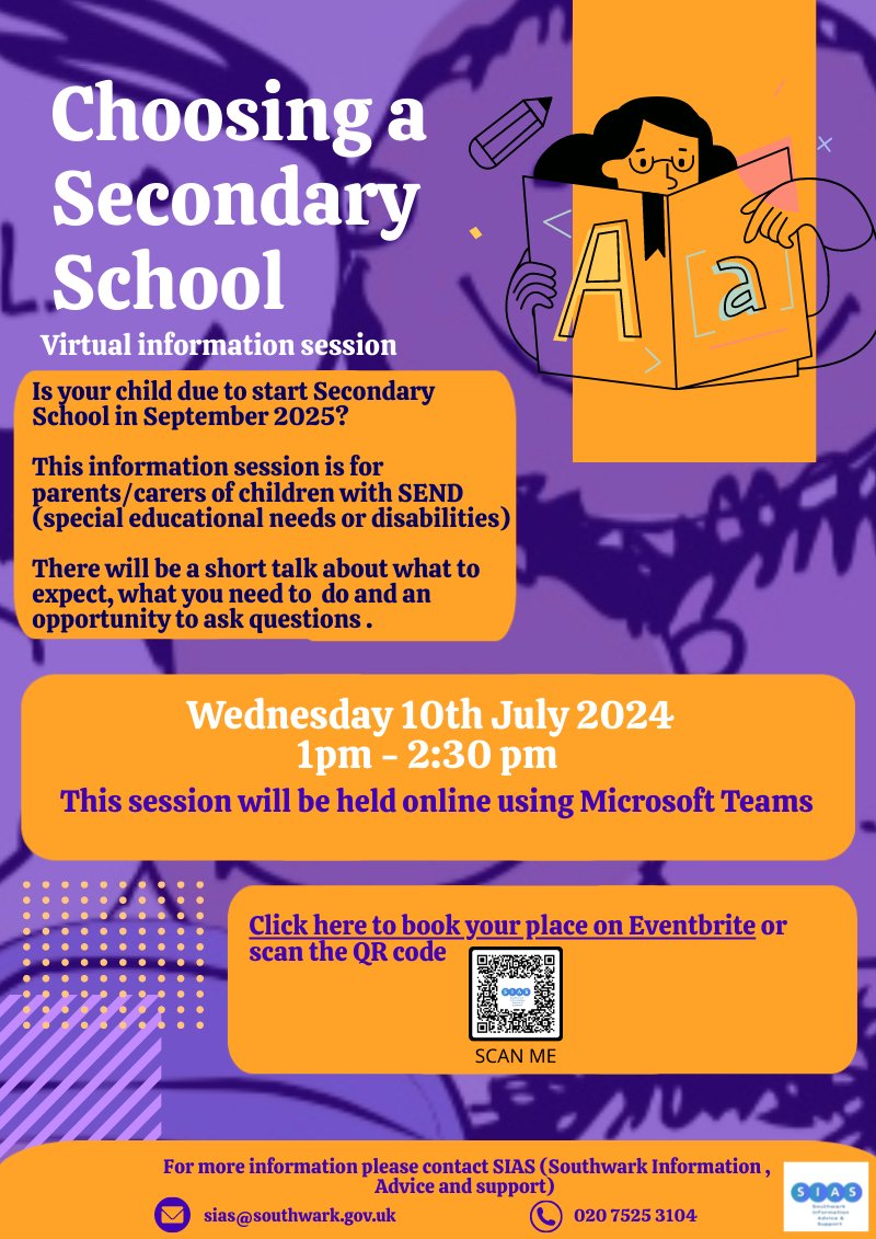 Is your child due to start Secondary School in Sept 2025? Our virtual session for #Southwark parents/carers of children with #SEND covers what to consider when selecting schools, application processes &amp; your statutory rights. Weds 10/7, 1-2:30pm eventbrite.co.uk/e/choosing-a-s…