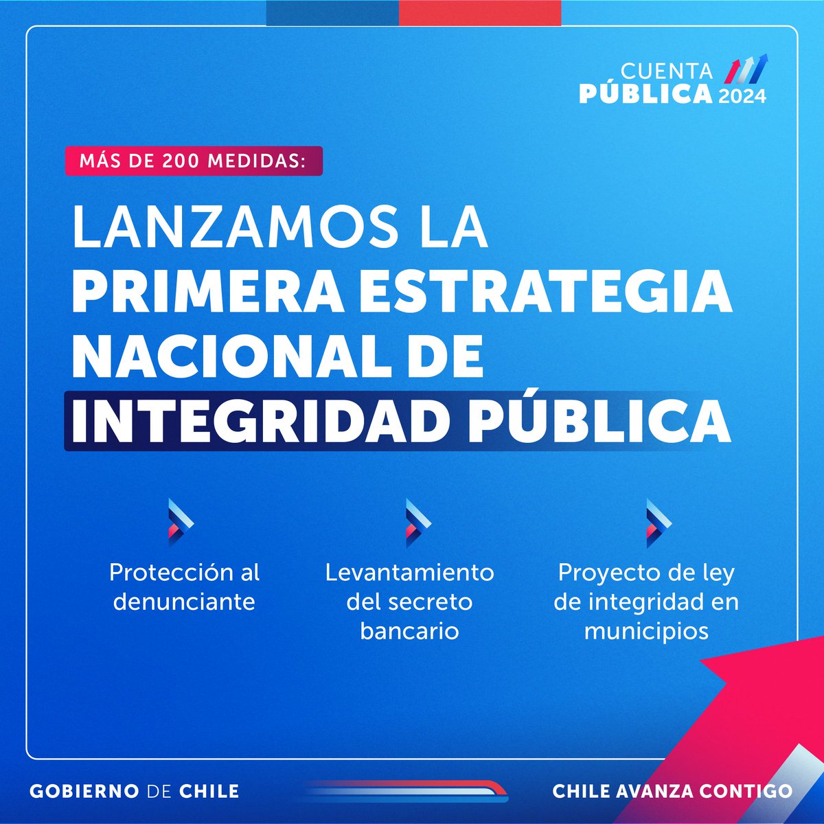 GobiernodeChile's tweet photo. La protección al denunciante y el levantamiento del secreto bancario son solo dos de las 210 medidas contenidas en la primera Estrategia Nacional de Integridad Pública.

Conoce más de ella en la #CuentaPública2024 Porque #ChileAvanzaContigo 🇨🇱