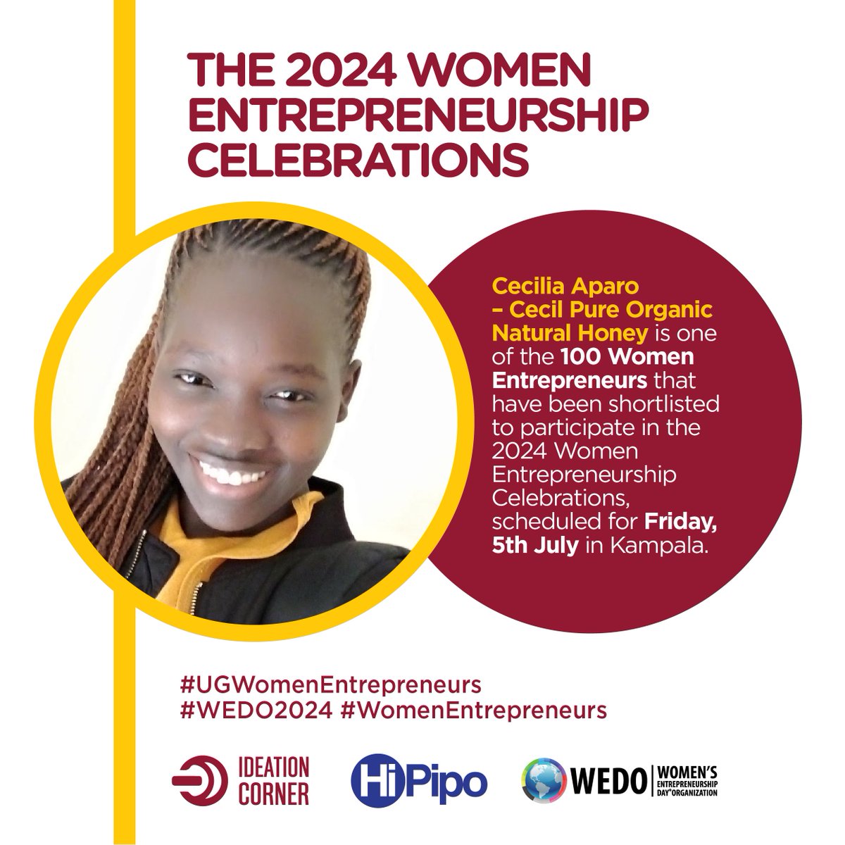 Juma Mariam - Founder of Mapetit Juicery

Josyline Kayiziaki - Co-founder of <a href="/Goldiecoatings/">Goldie Coatings Ltd</a>

<a href="/GraceAkatuha/">Akatuha Grace🇺🇬</a> - Founder of Kikazi Agri Products (<a href="/KikaziProducts/">KIKAZI PRODUCTS 🇺🇬</a>)

Cecilia Aparo - Founder of Cecil Pure Organic Natural Honey

#WEDO2024 #UGWomenEntrepreneurs #WomenEntrepreneurs