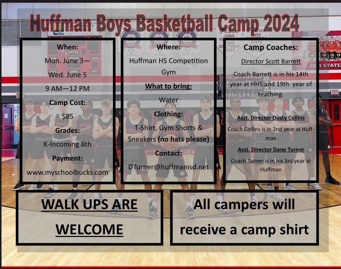 HuffmanHoops's tweet photo. 2 days until Huffman basketball camp.  Walk ups welcome. @jackson4fleming @HuffmanISD @JEBuchta07 @HoopsCoach10 @danemturner @Tabchoops @MediaHuffman @Huff_LadyHoops https://t.co/Y9Z3qKLYFd