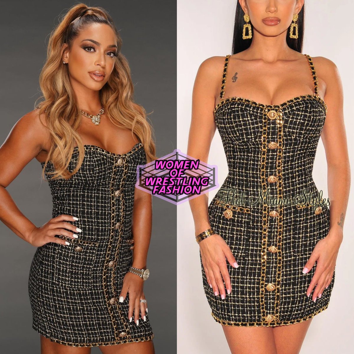 WmenWrstlinFash's tweet photo. For #Smackdown, @elektralopezwwe wore the Black Tweed Gold Chain Padded Mini Dress from #HotMiamiStyles ($99.99) https://t.co/RgUtdtYO5I