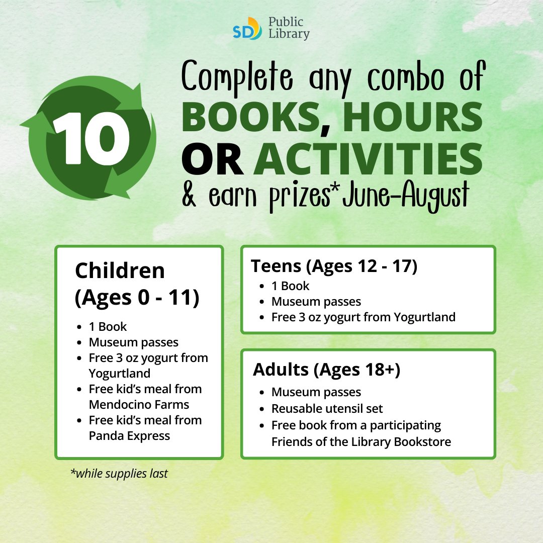 SDPublicLibrary's tweet image. It's time for the #SummerReadingProgram and we're starting things off in a big way at multiple locations all over town. Come to our Kick-off events and sign up for to participate--first one takes place at #RanchoPenasquitosLibrary! sandiego.gov/summerreading