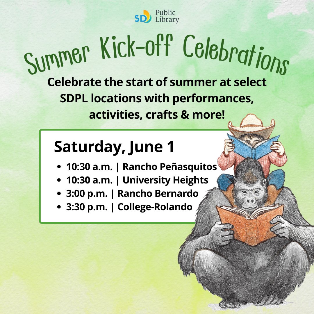 SDPublicLibrary's tweet image. It's time for the #SummerReadingProgram and we're starting things off in a big way at multiple locations all over town. Come to our Kick-off events and sign up for to participate--first one takes place at #RanchoPenasquitosLibrary! sandiego.gov/summerreading