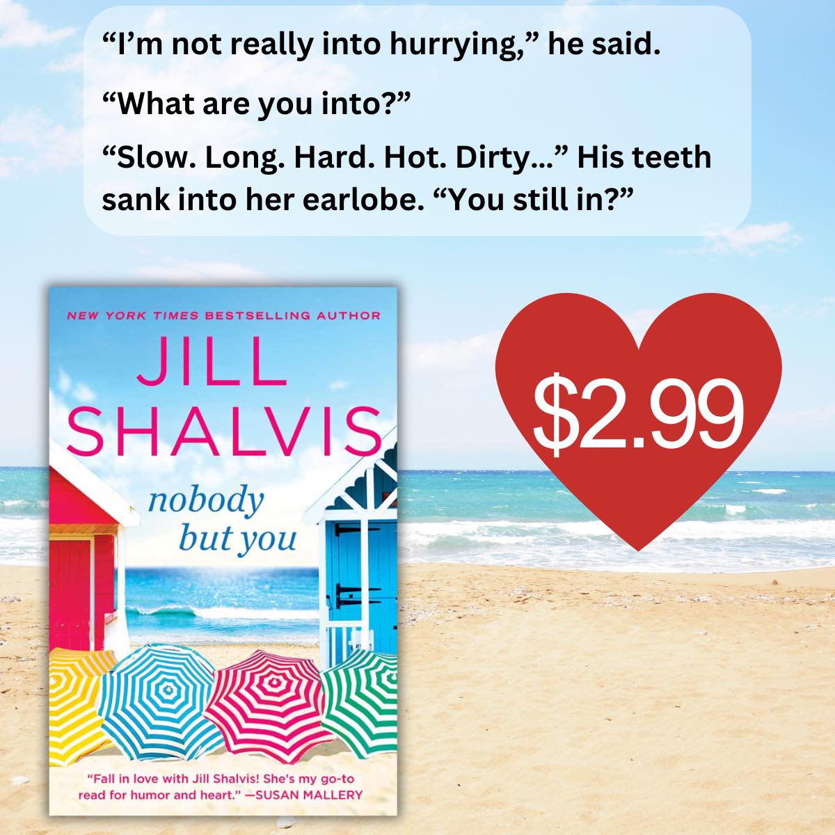 I’ve got a one-day sale! NOBODY BUT YOU:
KINDLE ➤ amzn.to/4bDXI25
NOOK ➤ bit.ly/3Kw4uLj
APPLE ➤ apple.co/4bGuXC6
KOBO ➤ bit.ly/3wY5Onf
GOODREADS ➤ bit.ly/4aHJbkU