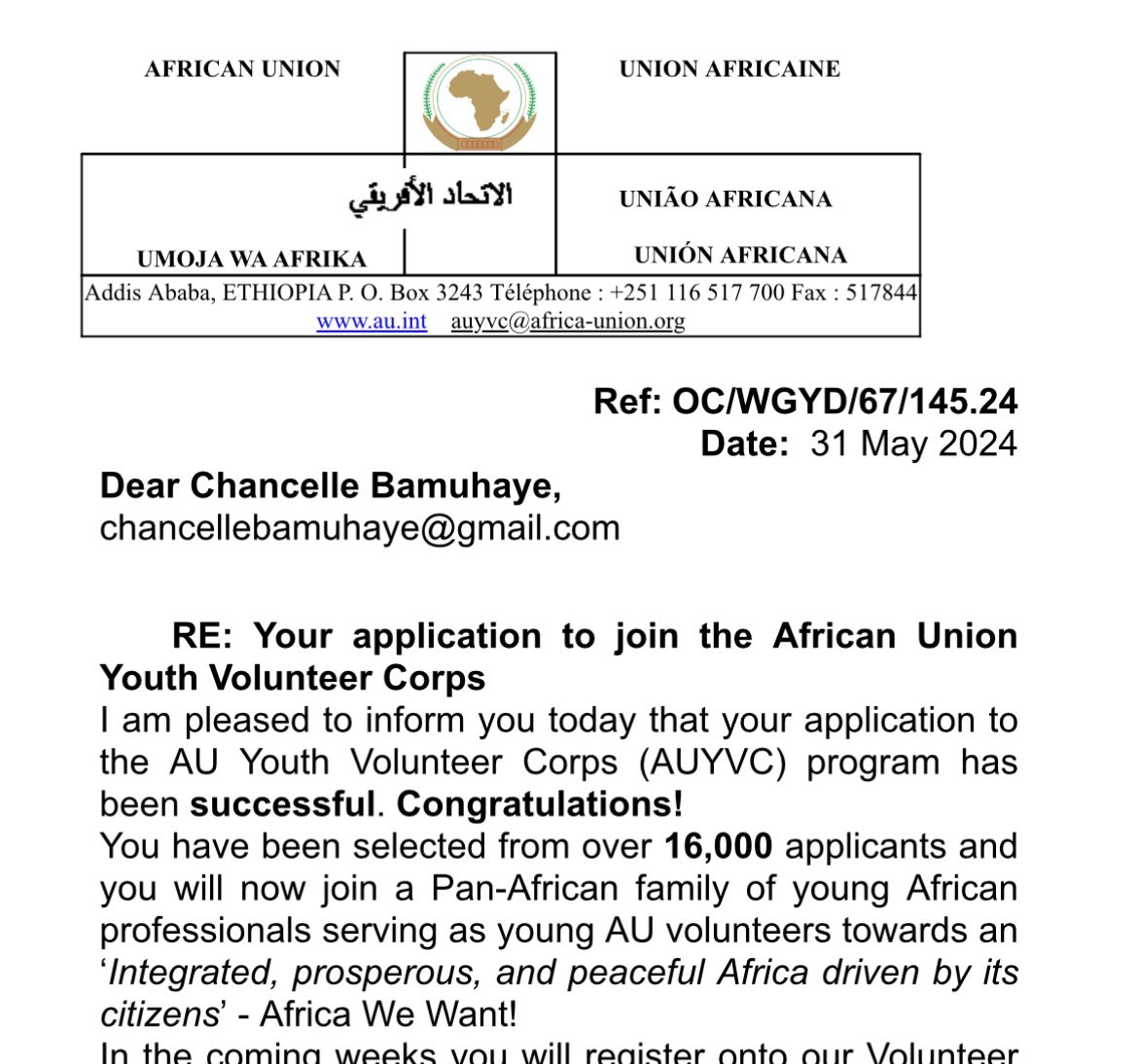 Chancelle_B's tweet photo. Thrilled to be selected as a member of the African Union Youth Volunteer Corps.
I am looking forward to use this opportunity for the best cause to Burundi and Burundians.
Let's work together to build the #Africa we want.
#Burundi #Abatwip https://t.co/TKqzbGvo5c