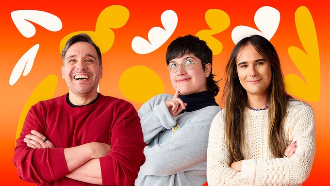 A vibrant photo of three people in front of an orange, yellow and white background.
