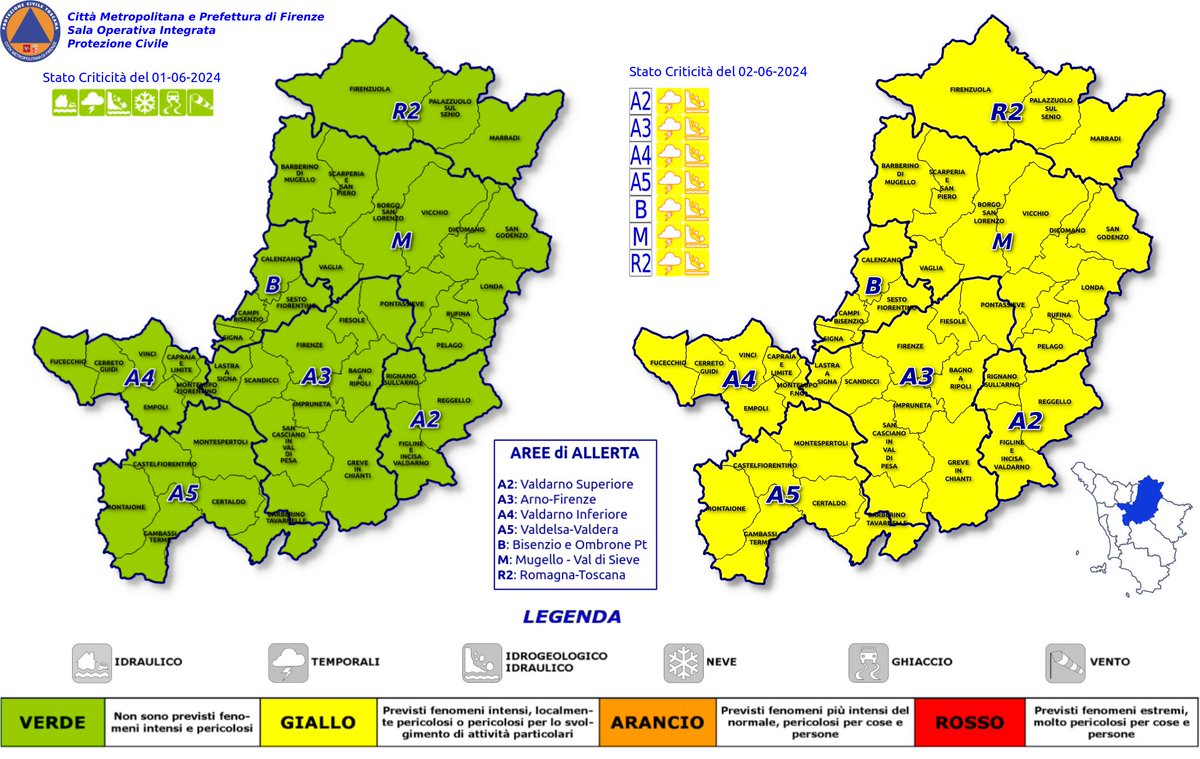 🟡 #AllertaMeteoTOS
📅 #2giugno
📍 #Toscana
🟡 rischio #Temporale

#PCSesto #ProtezioneCivile #SestoFiorentino #Arezzo #Firenze #Grosseto #Livorno #Lucca #MassaCarrara #Pisa #Pistoia #Prato #Siena #1giugno