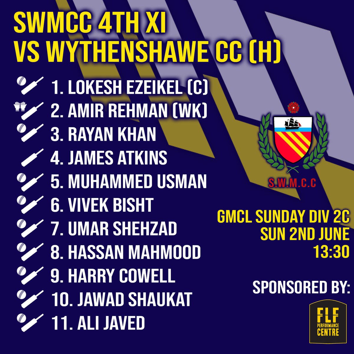 Here's how we line up for the weekend 💪

🏏 1sts vs <a href="/deaneandderby/">DEANE & DERBY C.S.C.</a>  (A)
🏏2nds vs <a href="/GolborneCC/">Golborne CC</a> (H)
🏏2nds vs <a href="/MilnrowCC/">Milnrow Cricket Club</a> (H) *Cup Fixture
🏏4ths vs <a href="/wythycc_sports/">WythenshaweCC/Sports</a> (A)

Sponsored by FLF Performance Centre

#SWMCC #Cricket #ClubCricket #Chorlton #SouthManchester