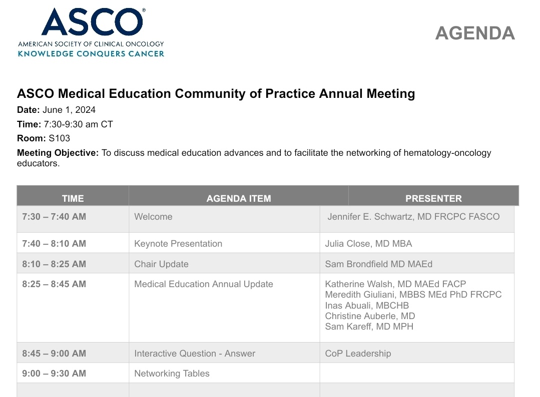 ASCO OncMedEdCoP (@oncmededcop) on Twitter photo Join the MedEd CoP #ASCO24 session IN ONE HOUR!  Find us in S103, 7:30-9:30 AM!  #MedEd #Oncology #OncMedEd #ASCOMedEdCoP Join the MedEd CoP #ASCO24 session IN ONE HOUR!  Find us in S103, 7:30-9:30 AM!  #MedEd #Oncology #OncMedEd #ASCOMedEdCoP