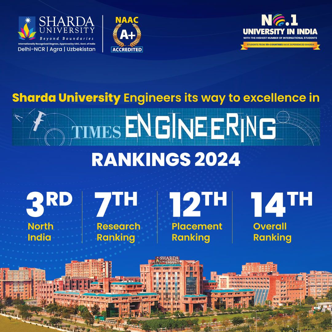 #ShardaUniversity Engineers its way to excellence! According to 𝐓𝐢𝐦𝐞𝐬 𝐄𝐧𝐠𝐢𝐧𝐞𝐞𝐫𝐢𝐧𝐠 𝐑𝐚𝐧𝐤𝐢𝐧𝐠𝐬 𝟐𝟎𝟐𝟒. This accomplishment is a testament to the University's brilliance in providing quality education.

#shardauniversityinternational #Education #Rankings