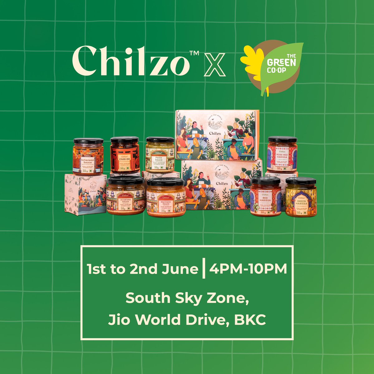 ChilzoFoods's tweet photo. Get ready to level up your cooking game this weekend with Chilzo! 😍

We’ll be at The Green Co-op in South Sky Zone, Jio World Drive, BKC from 4 pm to 10 pm on June 1st &amp; 2nd. 

Come stock up on your favorite Chilzo sauces and discover new flavours! 🛒 https://t.co/YIEyjrAl7j