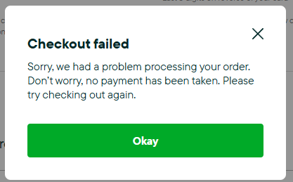 AKCodeMonkey's tweet photo. @PetsatHome 

I have been having problems with your site.  I was wanting to order online to collect at store.  I kept getting, "checkout failed".  I looked at the HTTP resonance and noticed it was a 422 but was getting ItemsUnavailable.  Maybe you should clean up the dialog https://t.co/AFlvN4VHhh