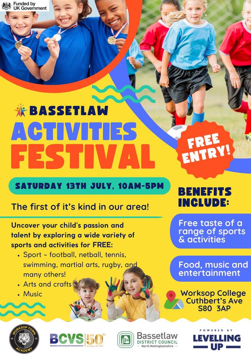 Bassetlaw Activities Festival is taking place on Saturday 13th July at Worksop College! Come along to uncover your child's hidden talents by exploring a variety of sports & activities. This will be a fabulous day, taking place from 10am - 5pm, FREE for all to attend! ⚽🏊