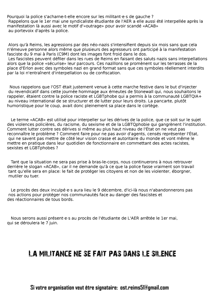 OST_Reims's tweet photo. Communiqué avec les nouveallo signataires. Merci a eulleux. 
#pridemonth #LGBTQIA #antifascist #Antirep https://t.co/RWyy6c3FOr