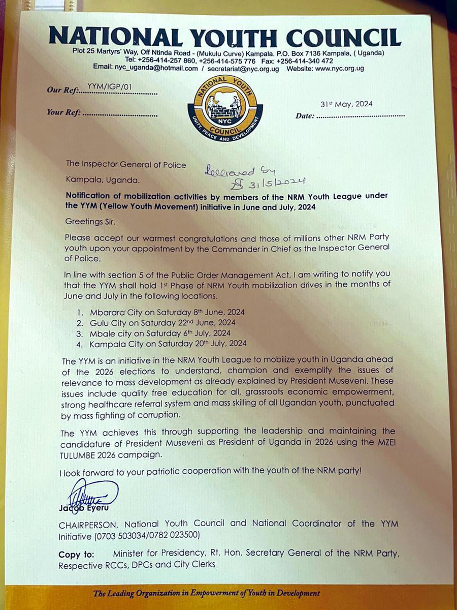 JEEMA YOUTH LEAGUE (@jeemayouth) on Twitter photo As the JYL, we express our deep dissatisfaction with the <a href="/NYCofUganda/">National Youth Council Uganda</a> leadership. The attached letter highlights the NYC's bias, portraying it as an extension of the ruling NRM party. The NYC must serve all youth, irrespective of political affiliation.
<a href="/Jacobeyeru/">Jacob Eyeru</a> As the JYL, we express our deep dissatisfaction with the <a href="/NYCofUganda/">National Youth Council Uganda</a> leadership. The attached letter highlights the NYC's bias, portraying it as an extension of the ruling NRM party. The NYC must serve all youth, irrespective of political affiliation.
<a href="/Jacobeyeru/">Jacob Eyeru</a>