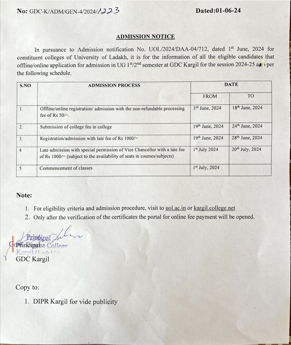 UG admission Notice. @LadakhSecretary @DIPR_Kargil @prasarbharti