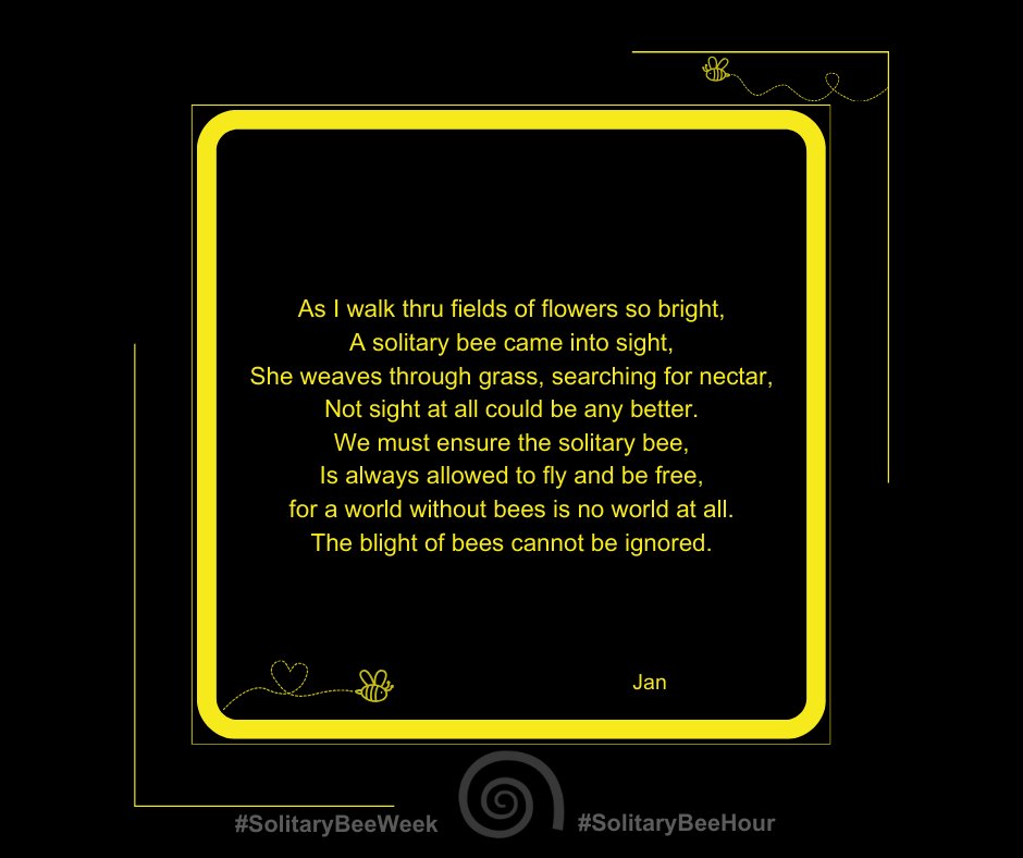 🐝Welcome to June's #SolitaryBeeHour!

💤We're looking forward to creating a #buzz about #SolitaryBees

Let's start with a lovely poem from Jan.

Why not share your bee poems &amp; prose?

❤️🔃Join in, tag us &amp; #SolitaryBeeHour 

<a href="/PoMScheme/">UK Pollinator Monitoring Scheme</a> <a href="/RoyEntSoc/">Royal Entomological Society</a> <a href="/BumblebeeTrust/">Bumblebee Conservation Trust</a>