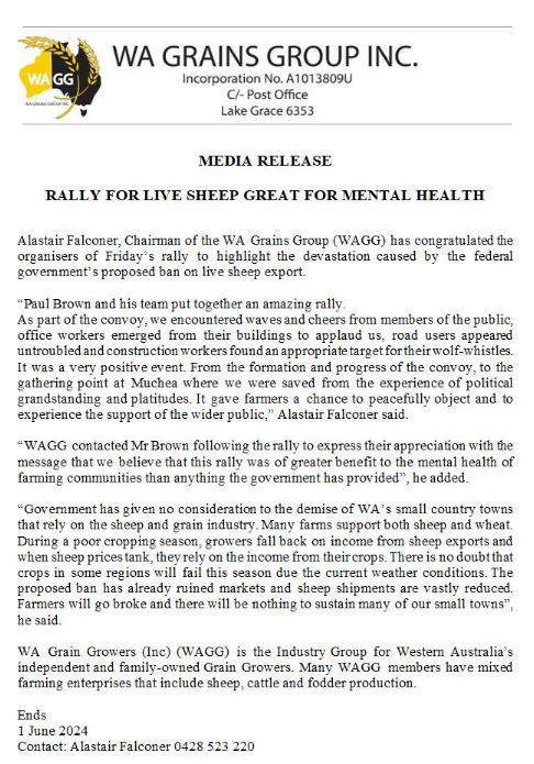 WA Grains Group Chair <a href="/ACFRaywood/">Alastair Falconer</a> commended the organizers of the #KeepTheSheep rally, emphasizing that the rally’s significance extended beyond mere politics, &amp; was of greater benefit to the mental health of farming communities than anything the government has provided.