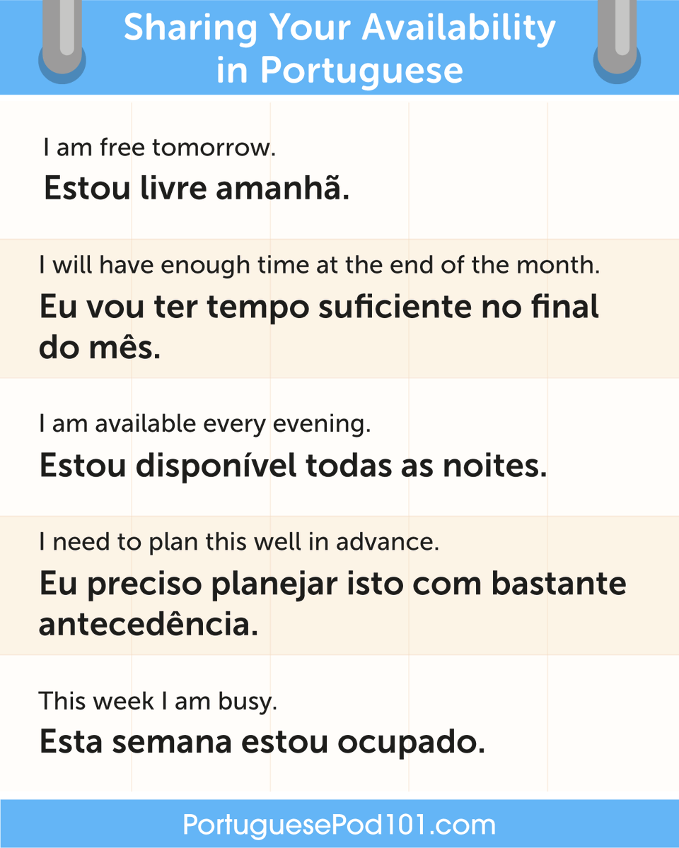 PortugueseP101's tweet photo. Sharing Your Availability in Portuguese 🗓 PS: Learn Portuguese with the best FREE online resources, just click here https://t.co/Uw537tgWUs https://t.co/om1mViaAMx