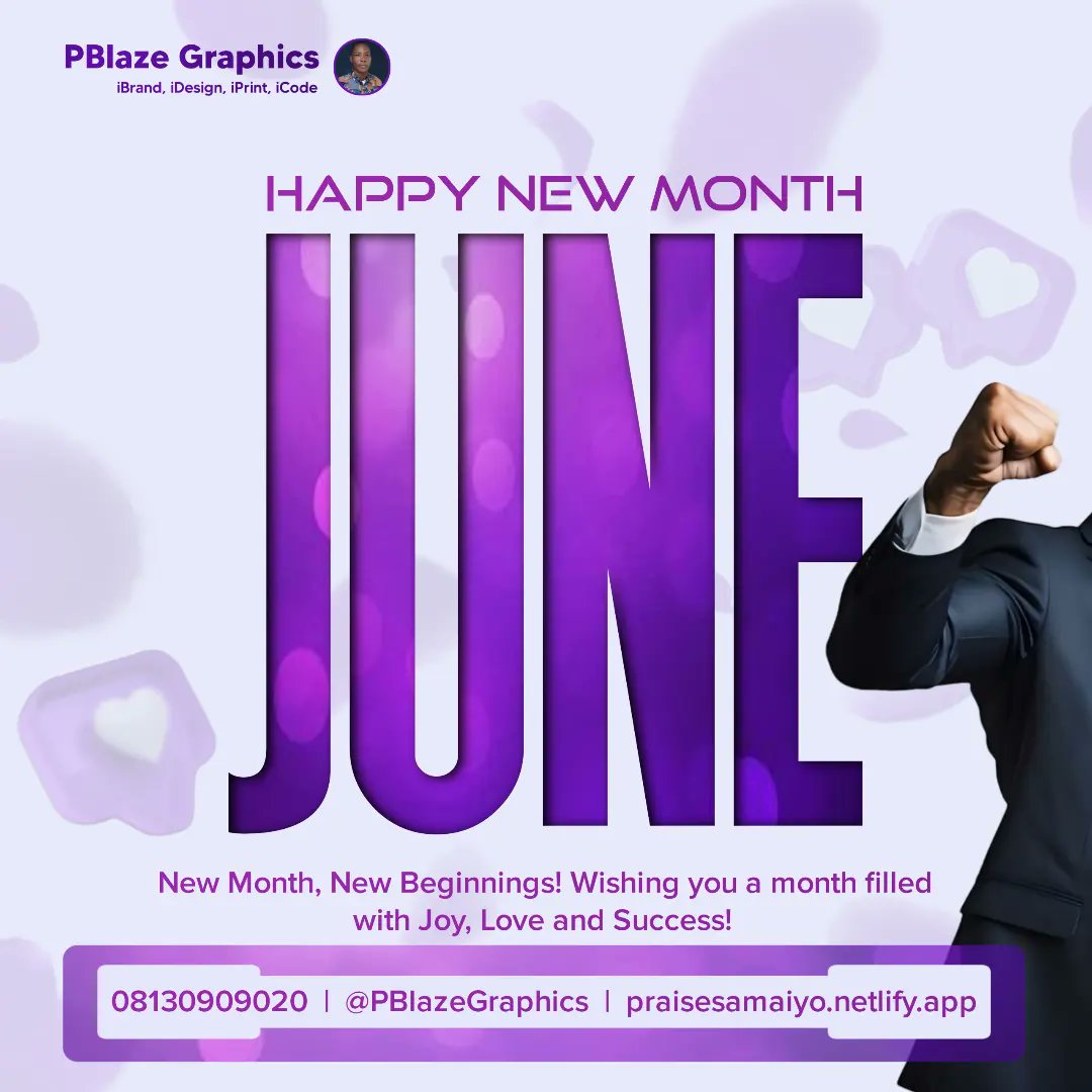 PBlazeGraphics's tweet photo. Wishing you a Month as Bright as your Smile and as Amazing as You are! 💟💜🚀

Let’s create beautiful, simple and quality design for your brand. Send a message today: https://t.co/bJ7Uq84VRW

#PBlazeGraphics #June #Simplicity #Brand #facebook #HappyNewMonth #WeekendVibes https://t.co/pauA1LZGcK