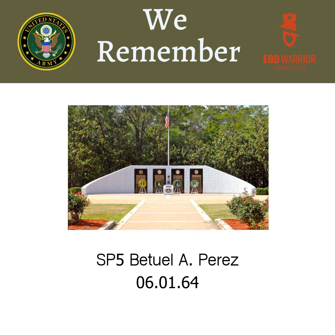 The EOD Warrior Foundation remembers SP5 Betuel A. Perez, who made the ultimate sacrifice on this day in 1964.

Visit SP5 Perez's virtual memorial: memorial.eodwarriorfoundation.org/sp5-betuel-a-p…

#EOD #WeRemember #Army #ArmyEOD